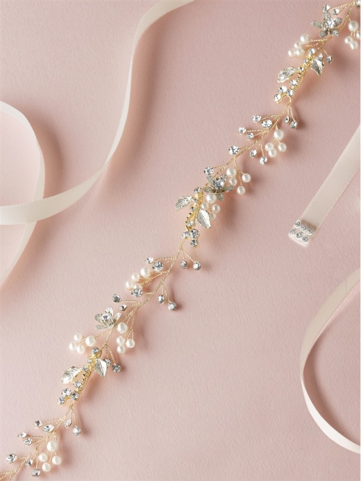 Boho Pearls & Crystal Leaves Hand Wired Gold Floral Vine Bridal Belt On Ivory Ribbon