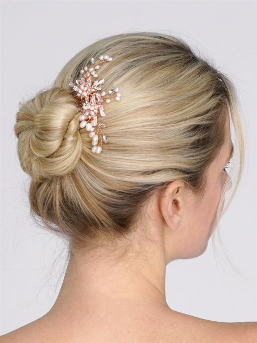 Rose Gold Freshwater Pearl Wedding Hair Comb With Crystal Leaves