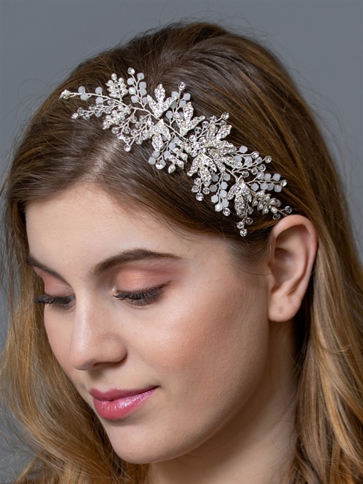 Opal Bridal Hair Vine Side Headband with Silver Crystal Leaves - Ivory Ribbon