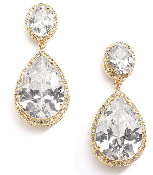 Clip On 14K Gold Plated Pear-Shaped Cz Statement Earrings With Clip Back