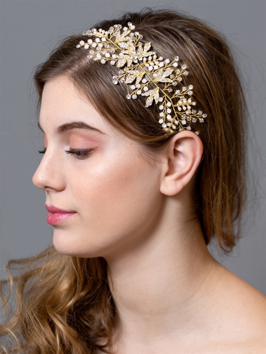 Opal Crystal Hair Vine Headband with Gold Leaves