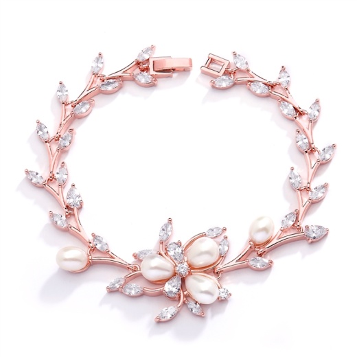Rose Gold And Freshwater Pearls In Cz Leaves Bracelet