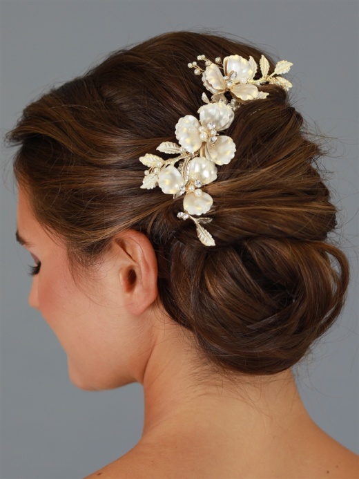 Opulent Multi Layer Matte Gold Floral Wedding Comb With Ivory Pearls And Crystal Accents