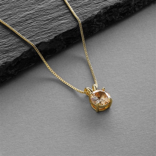 Delicate 14K Gold Round-Cut Champagne Cz Necklace With Double Loop Top
