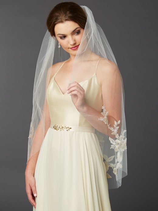 Gold And Silver Embroidered Floral Lace Fingertip Wedding Veil