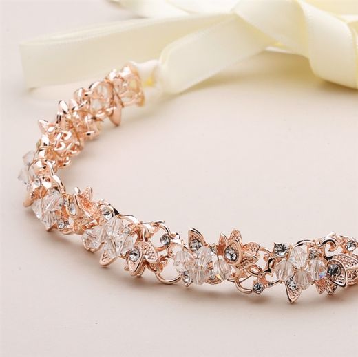 Slender Rose Gold Bridal Headband With Hand-Wired Crystal Clusters And Ivory Ribbons
