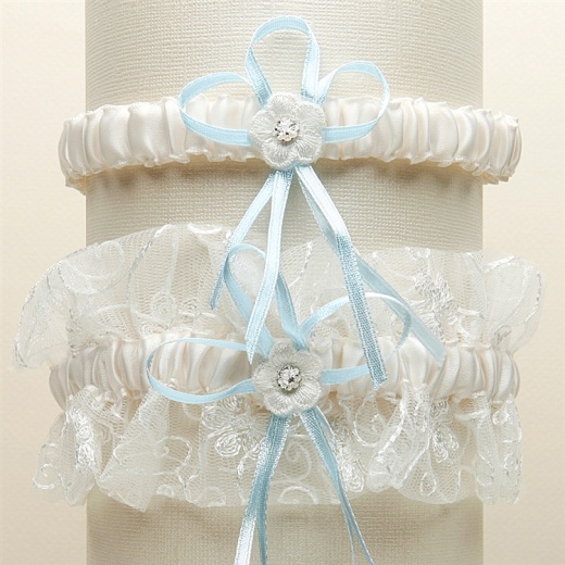Vintage Wedding Garter Set in Floral Embroidered Tulle - Ivory & 'Something Blue' Ribbon