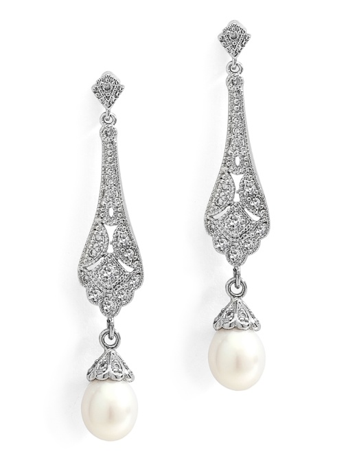 Art Deco Cz Bridal Earrings with Freshwater Pearl