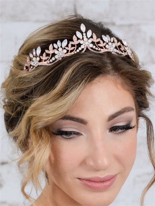Mariell Opal and Crystal Rose Gold Bridal Tiara Wedding Crown With Wavy Motif