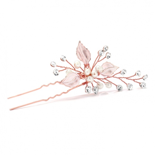 Bridal Hair Pin with Silvery Rose Gold Leaves, Freshwater Pearl and Crystal Sprays
