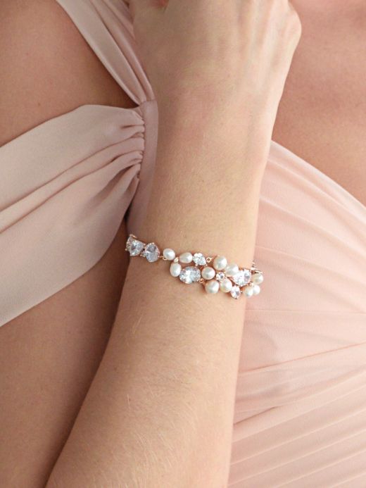 Elegant Rose Gold Cz Statement Bracelet With Genuine Freshwater Pearls For Weddings