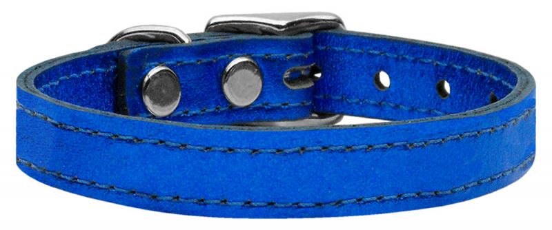 Plain Metallic Leather Dog Collar Blue 18
