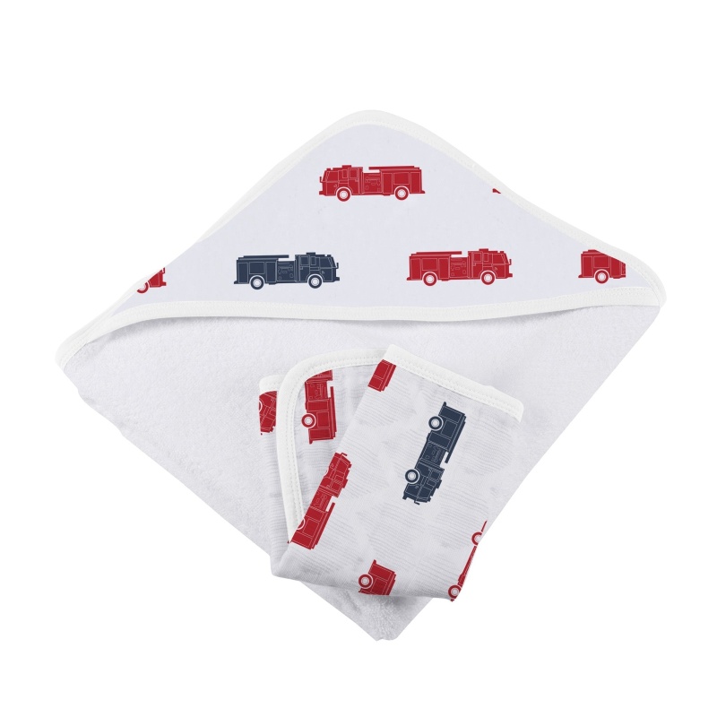 Blue And Red Fire Trucks Hooded Towel And Washcloth Set