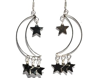 Sterling Silver Open Crescent With Dangle Stars Earrings