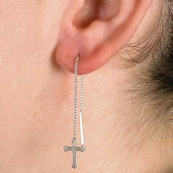 Pair Of Sterling Silver 925 Cross Dangle Ear Thread Earring