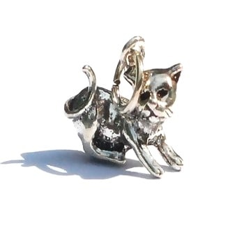 Sterling Silver 925 Sleek Crouching Kitty Charm Pendant