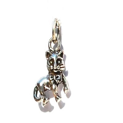 Sterling Silver 925 Playful Kitty In Bowtie Charm Pendant