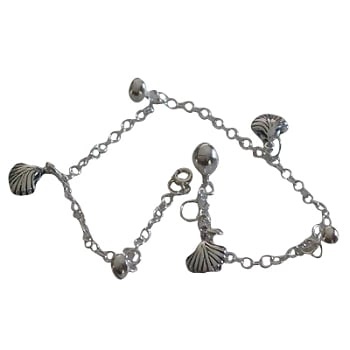 Sterling Silver 925 10 Inch Seashell And Balls Ankle Bracelet