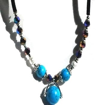 Black Wool Cord Necklace With Simulated Turquoise, Faceted Glass & Silver Beads