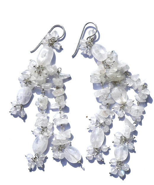 Sterling Silver Rainbow Moonstone Long Dangle Earrings