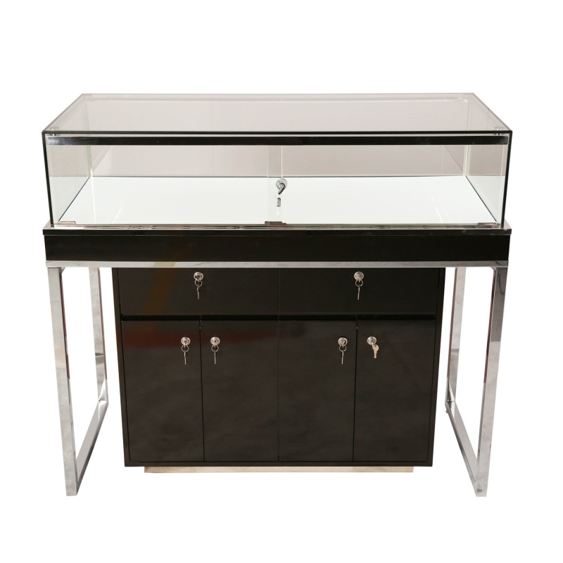 Aluminum Frame Display Case With White Center Panel And Wood Trim - 47 1/4" X 21 1/2" X 41 1/4"