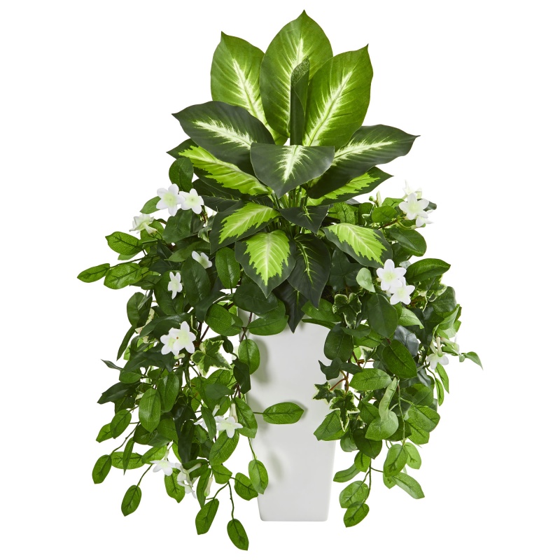 Stephanotis And Dieffenbachia Artificial Plant In White Vase