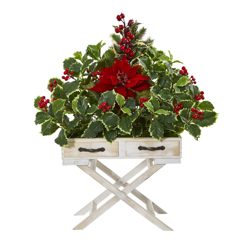 26” Poinsettia And Holly Berry Artificial Arrangement In Drawer Planter