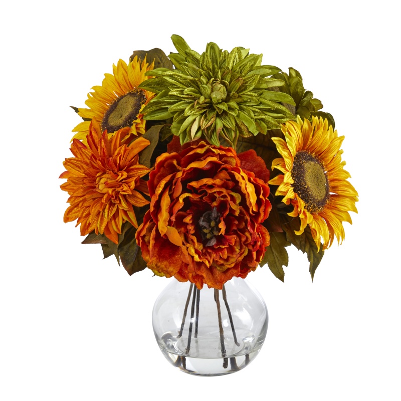12” Peony, Dahlia And Sunflower Artificial Arrangement In Glass Vase