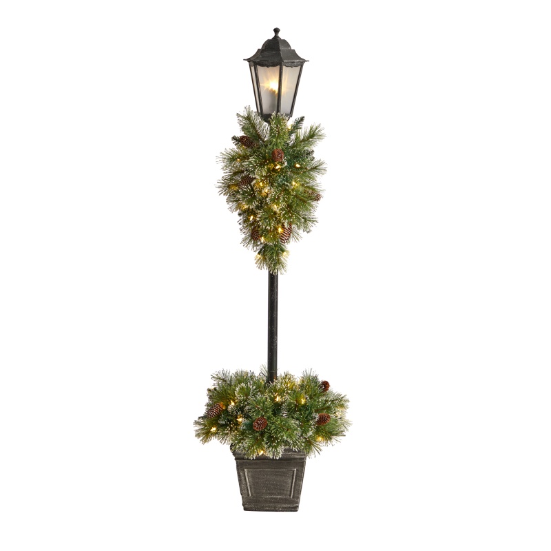 5’ Holiday Pre-Lit Decorated Lamp Post With Greenery, Decorative Container And 50 Led Lights