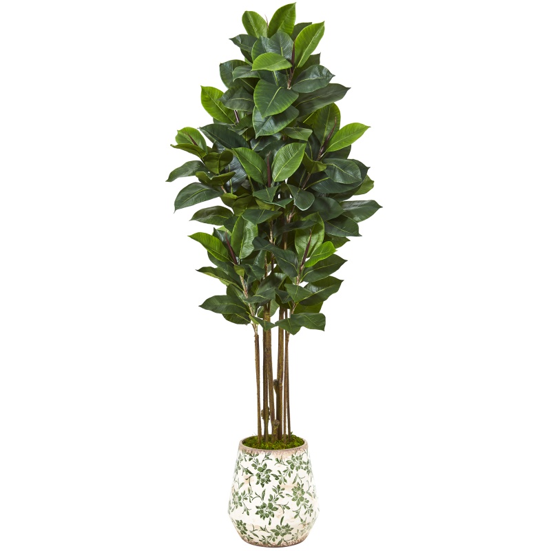 63” Rubber Leaf Artificial Tree In Floral Print Planter