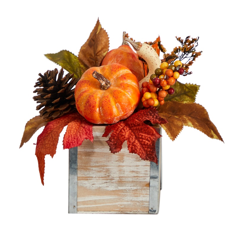 8” Fall Pumpkin, Gourd, Berries And Pinecones Artificial Autumn Arrangement In Natural Washed Vase