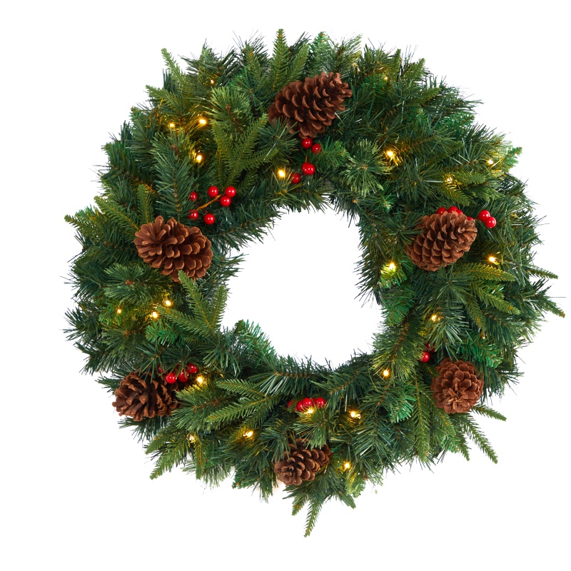 24” Mixed Pine Artificial Christmas Wreath With 35 Clear Led Lights And Berries