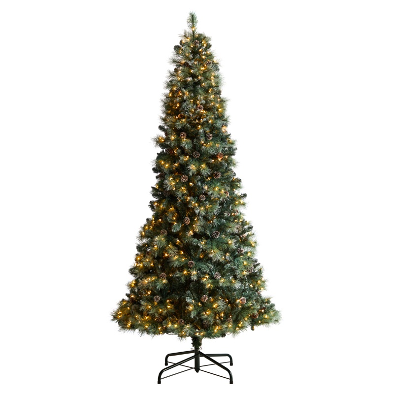 9’ Frosted Tip British Columbia Mountain Pine Tree With 700 Clear Lights, Pine Cones
