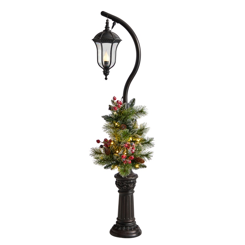 5' Holiday Decorated Lamp Post With Greenery, Berries And 30 Led Lights