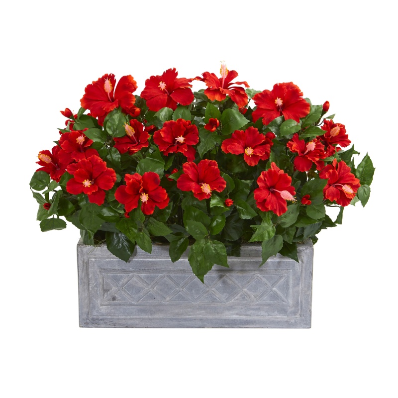 Hibiscus Artificial Plant In Stone Planter