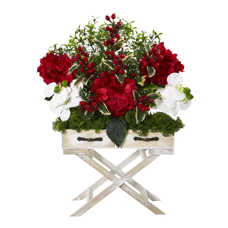 26” Hydrangea, Phalaenopsis Orchid And Holly Berry Artificial Arrangement In Drawer Planter
