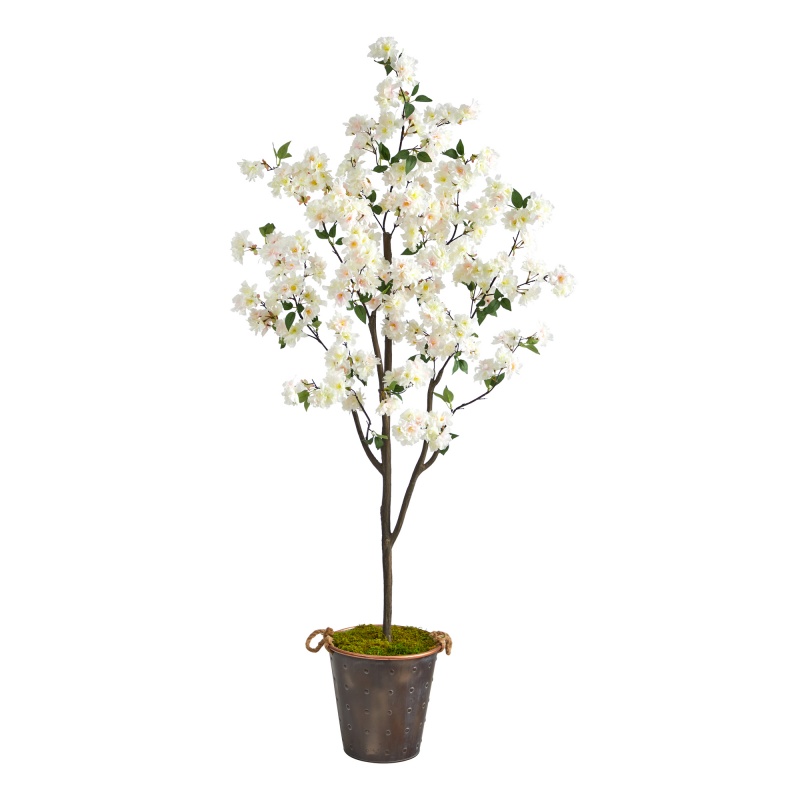 6’ Cherry Blossom Artificial Tree In Decorative Metal Pail With Rope