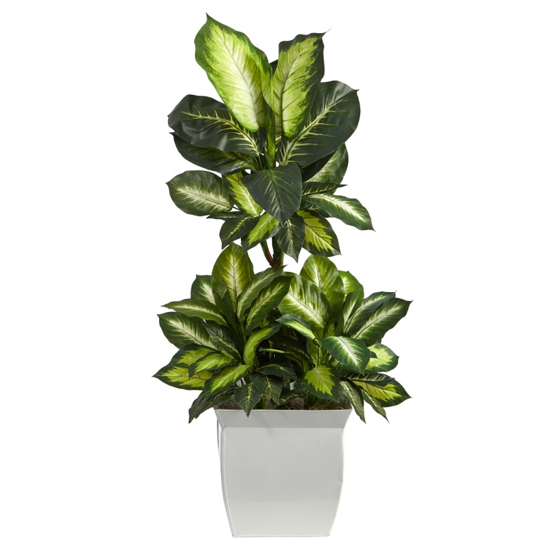 46” Golden Dieffenbachia Artificial Plant In White Metal Planter