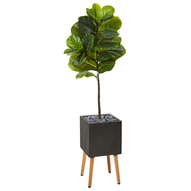 5’ Fiddle Leaf Artificial Tree In Black Planter With Stand (Real Touch)