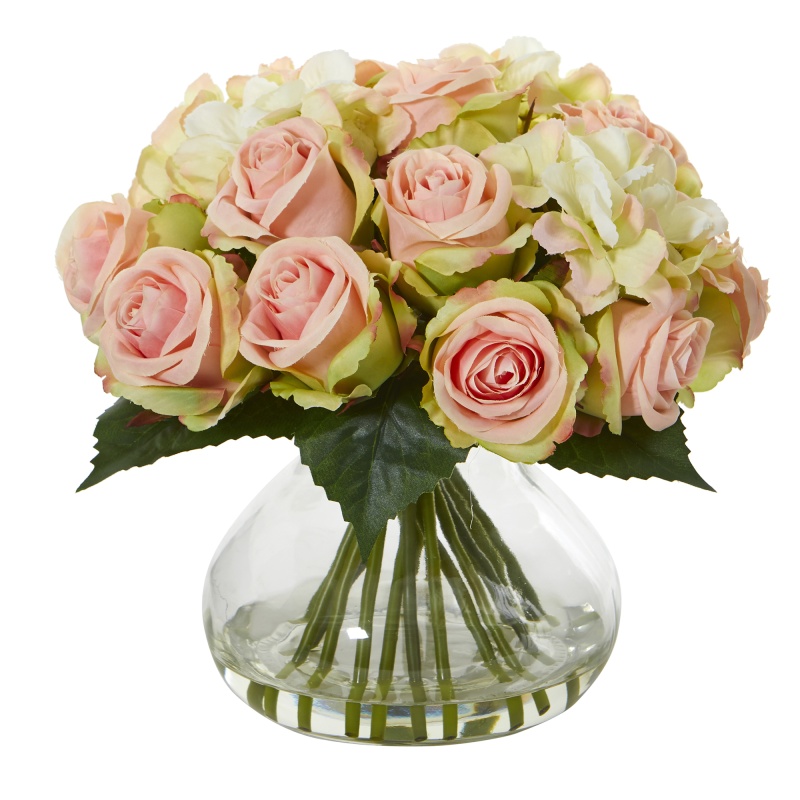 Rose And Hydrangea Artificial Arrangement In Glass Vase