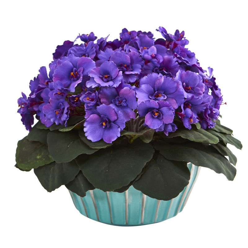 9” Artificial African Violet Plant in Turquoise Vase