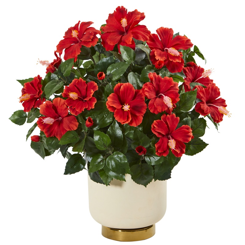 22” Hibiscus Artificial Plant In White Bowl