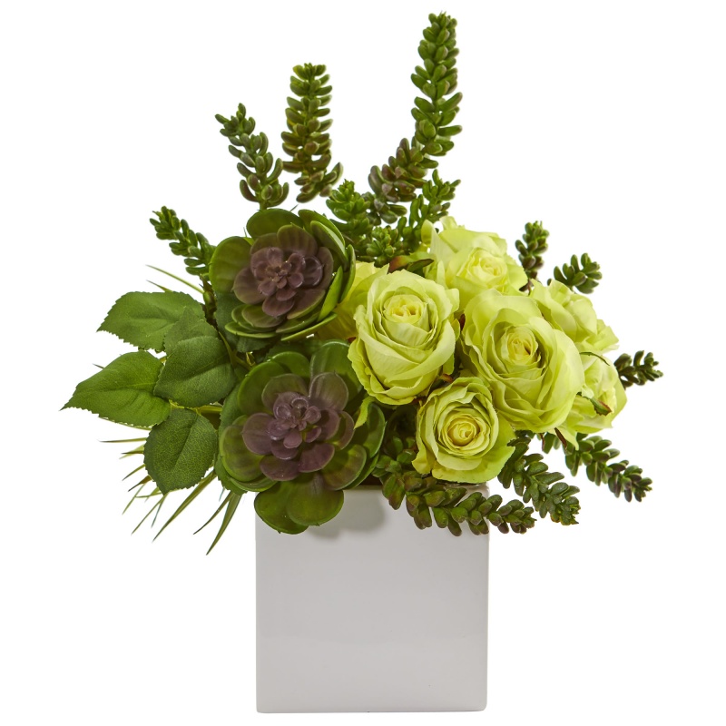 14” Rose & Succulent Artificial Arrangement In White Vase