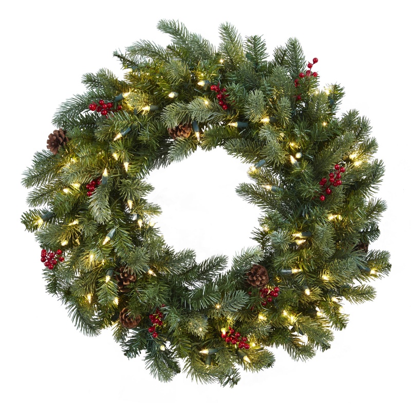 30” Lighted Pine Wreath W/Berries & Pine Cones