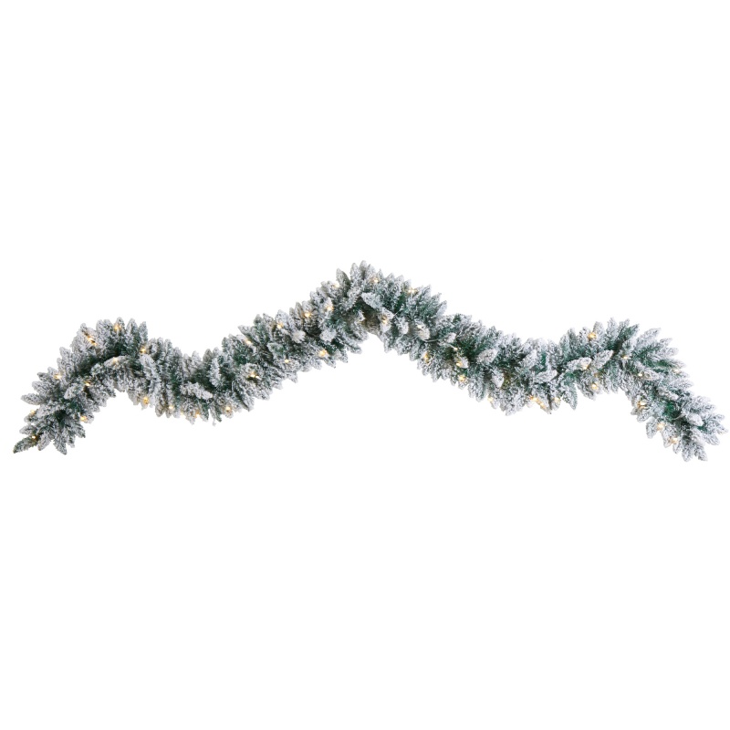9’ Flocked Artificial Christmas Garland With 50 Warm White Led Lights