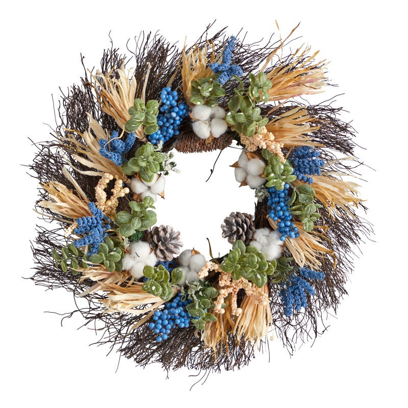 22” Autumn Cotton, Eucalyptus, Berries And Pinecones Artificial Fall Wreath