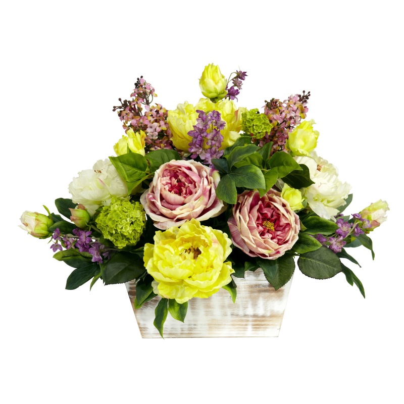 Mixed Floral With White Wash Planter Silk Arrangement