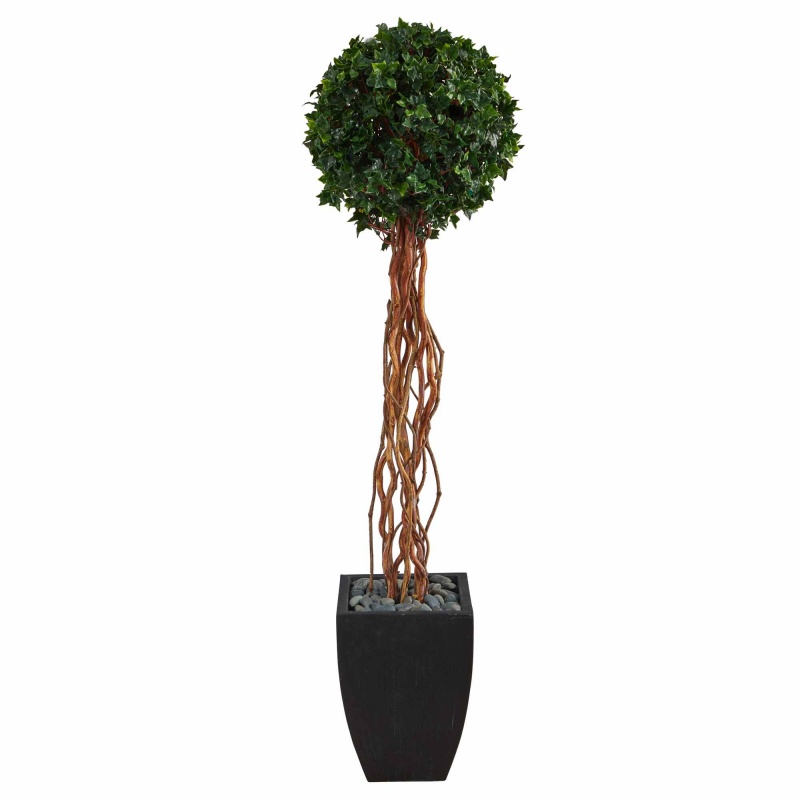 64” English Ivy Single Ball Artificial Topiary Tree In Black Planter Uv Resistant (Indoor/Outdoor)