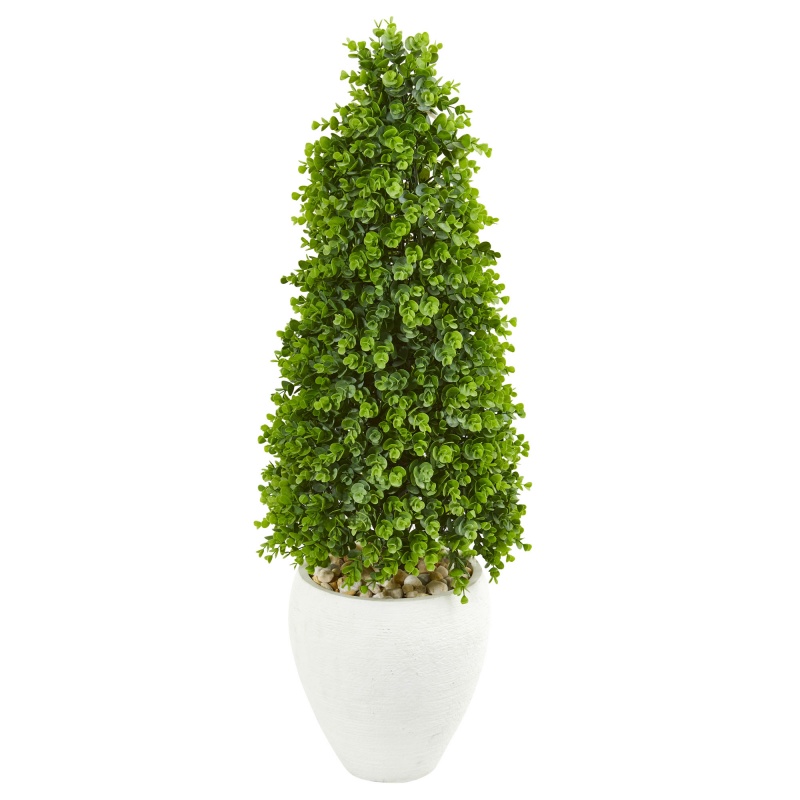 41” Eucalyptus Cone Topiary Artificial Tree In White Planter (Indoor/Outdoor)