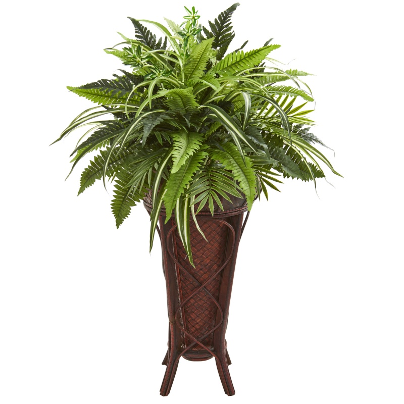 32” Mixed Greens And Fern Artificial Plant In Decorative Stand